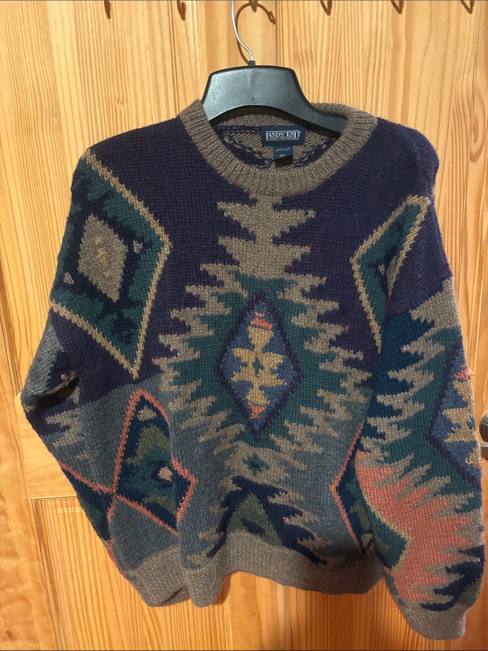 Lands' End Navy, Brown and Teal Southwestern Crewneck Sweater